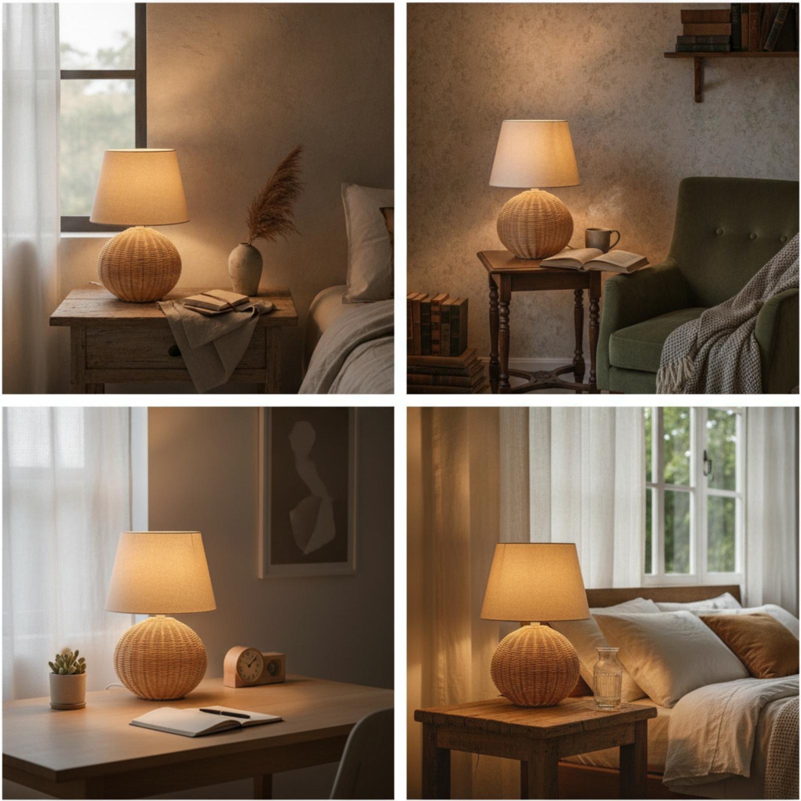 Bedside Lamp Rattan Base Fabri - Room Lighting Bedroom Decor ulasan dan harga